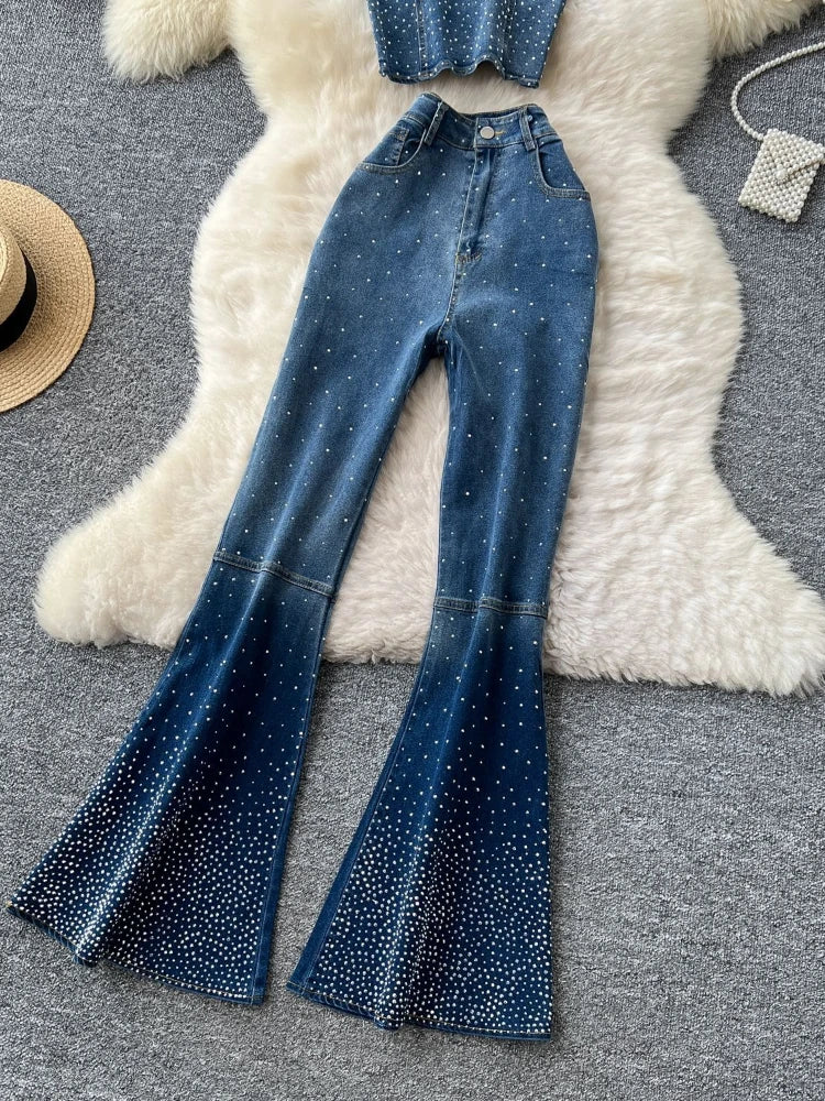 Denim Pant Set Women Two Piece Sets Sexy Matching Sets Sleeveless Short Tops Long Flare Pants High Waist Slim Hot Diamond - Image 4