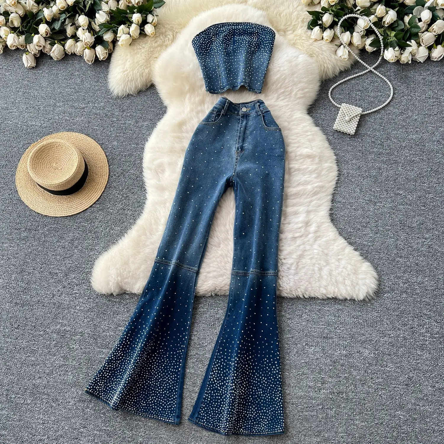 Denim Pant Set Women Two Piece Sets Sexy Matching Sets Sleeveless Short Tops Long Flare Pants High Waist Slim Hot Diamond - Image 9