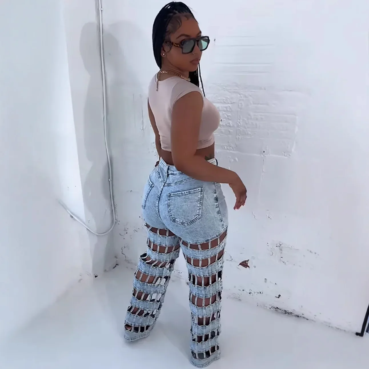 Denim Pant Women Jeans Long Pants Hollow Out High Waist Straight Mom Trousers Y2k Streetwear Elegant Splice Hole Casual Work - Image 3