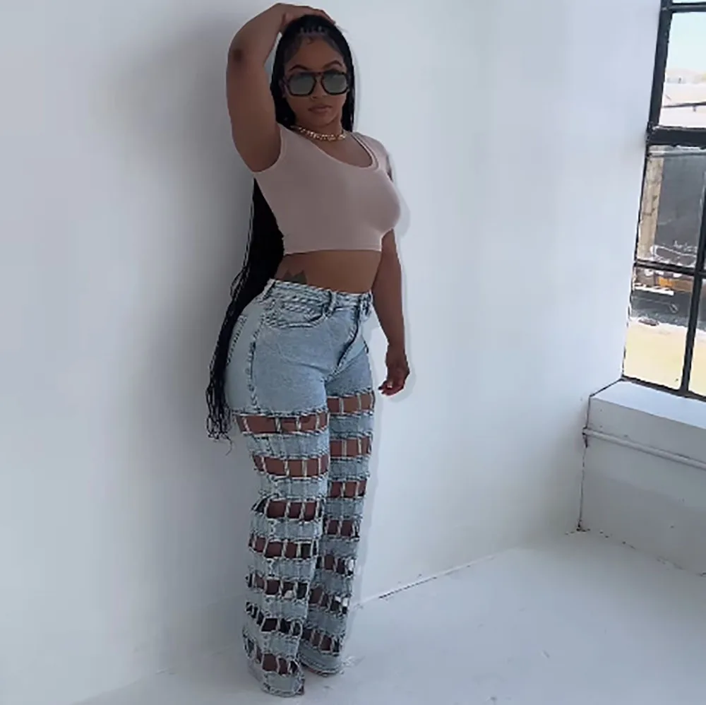 Denim Pant Women Jeans Long Pants Hollow Out High Waist Straight Mom Trousers Y2k Streetwear Elegant Splice Hole Casual Work - Image 4