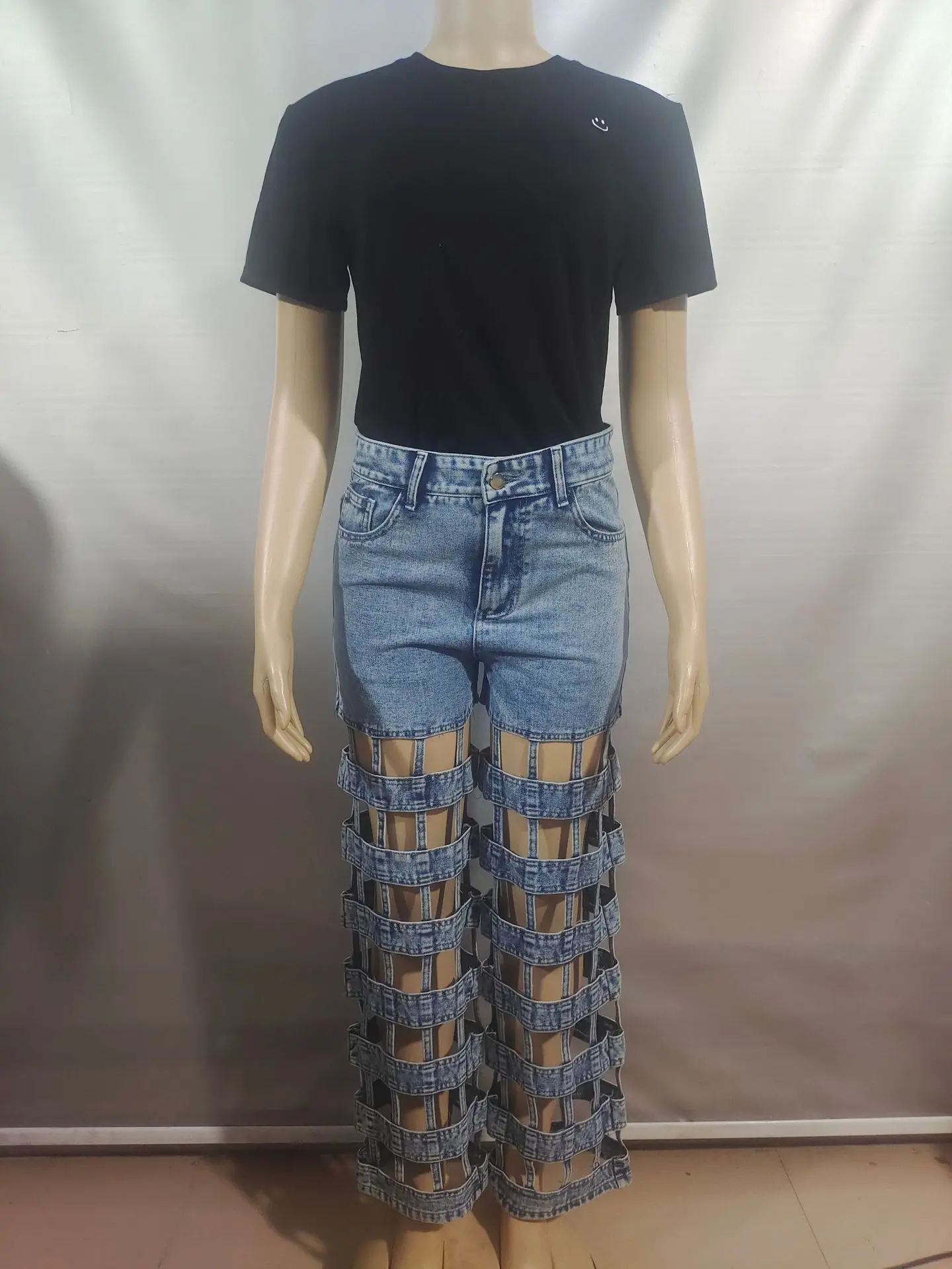 Denim Pant Women Jeans Long Pants Hollow Out High Waist Straight Mom Trousers Y2k Streetwear Elegant Splice Hole Casual Work - Image 5