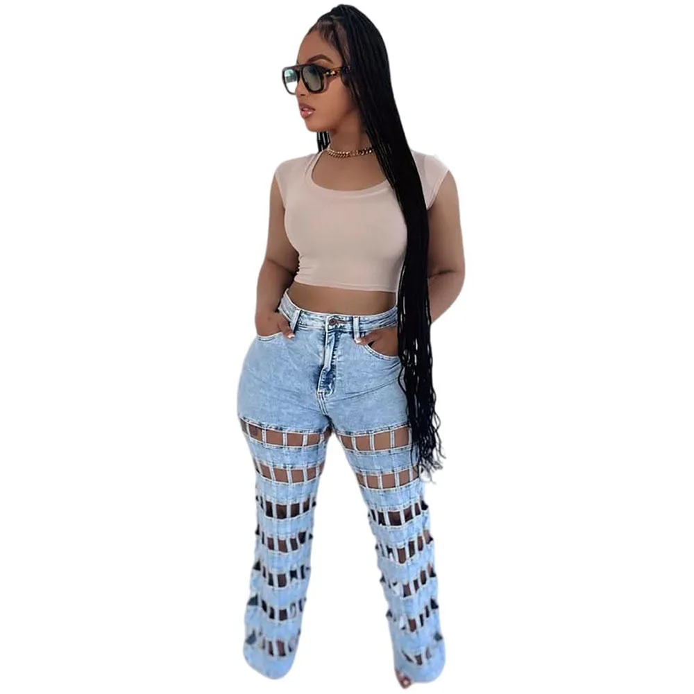 Denim Pant Women Jeans Long Pants Hollow Out High Waist Straight Mom Trousers Y2k Streetwear Elegant Splice Hole Casual Work - Image 6