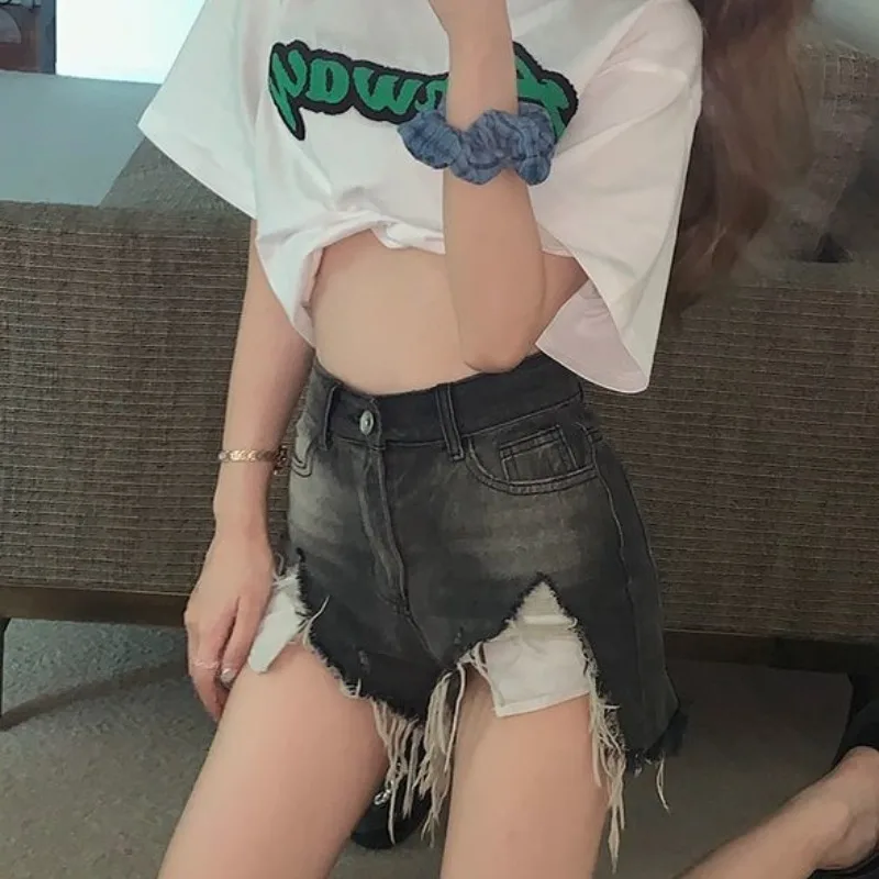 Denim Shorts for Women Fringe Ripped Wide Short Jean Pants Woman Micro Mini Hot Aesthetic Design Streetwear Cheap Youthful Flowy - Image 3