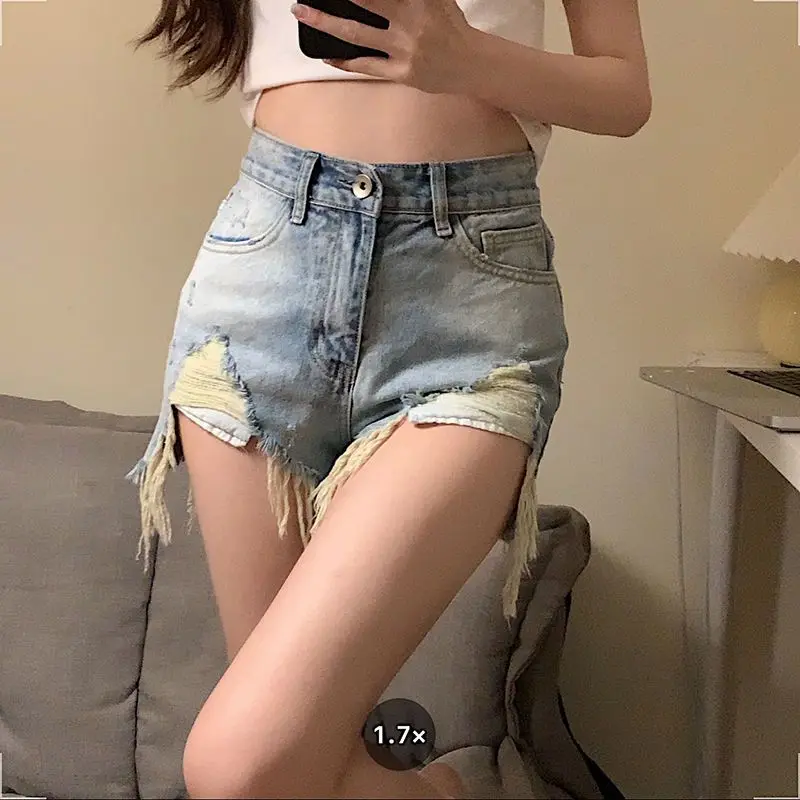 Denim Shorts for Women Fringe Ripped Wide Short Jean Pants Woman Micro Mini Hot Aesthetic Design Streetwear Cheap Youthful Flowy - Image 4