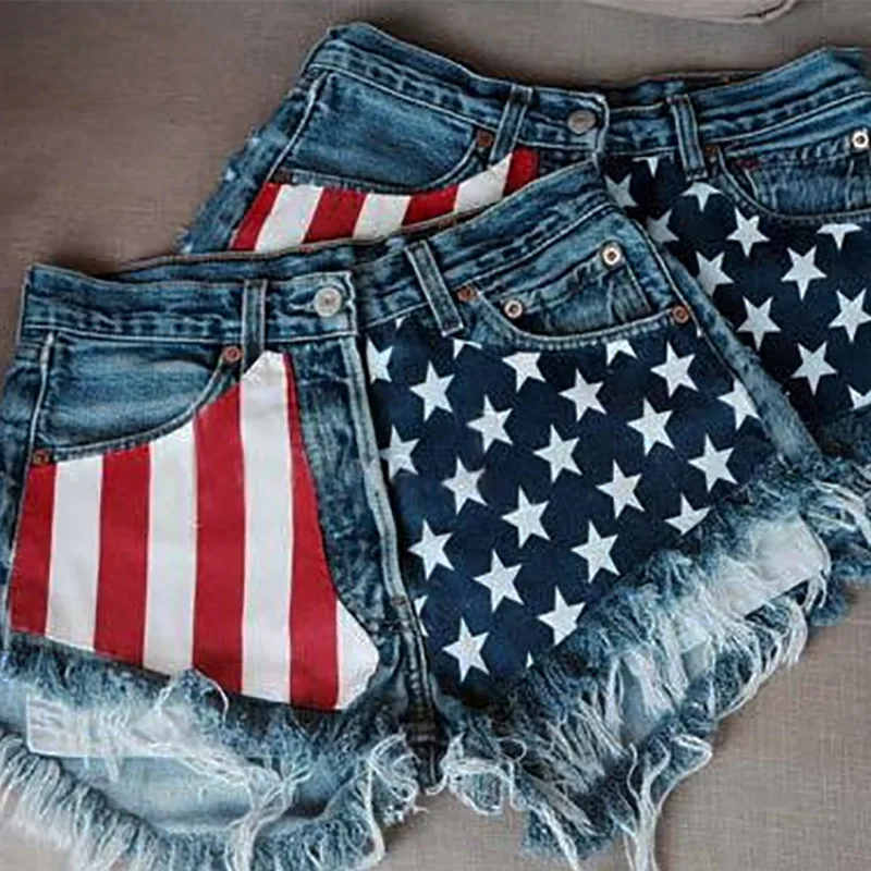 Denim Shorts Women Jeans Knee Length Pentagram Print Tassels Mid Waist Washed Distressed 2025 Streetwear Summer Short Pants - Image 3
