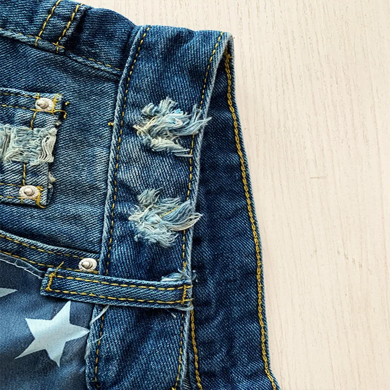 Denim Shorts Women Jeans Knee Length Pentagram Print Tassels Mid Waist Washed Distressed 2025 Streetwear Summer Short Pants - Image 6
