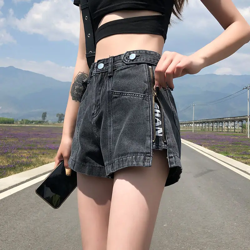 Denim Shorts Women Summer Hole High Waist A-line All-match Wide Leg Female Short Pants Fashion Loose Zipper Letter Streetwear - Image 4