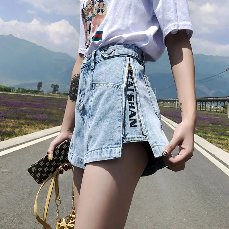 Denim Shorts Women Summer Hole High Waist A-line All-match Wide Leg Female Short Pants Fashion Loose Zipper Letter Streetwear - Image 7