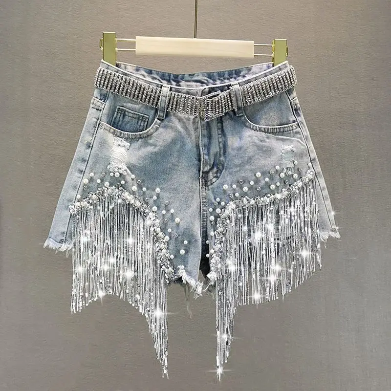 Denim Shorts Women's 2025 Summer Clothes New European High Waist Thin Heavy Industry Beaded Sequined Fringed Broken Copper Jeans - Image 7