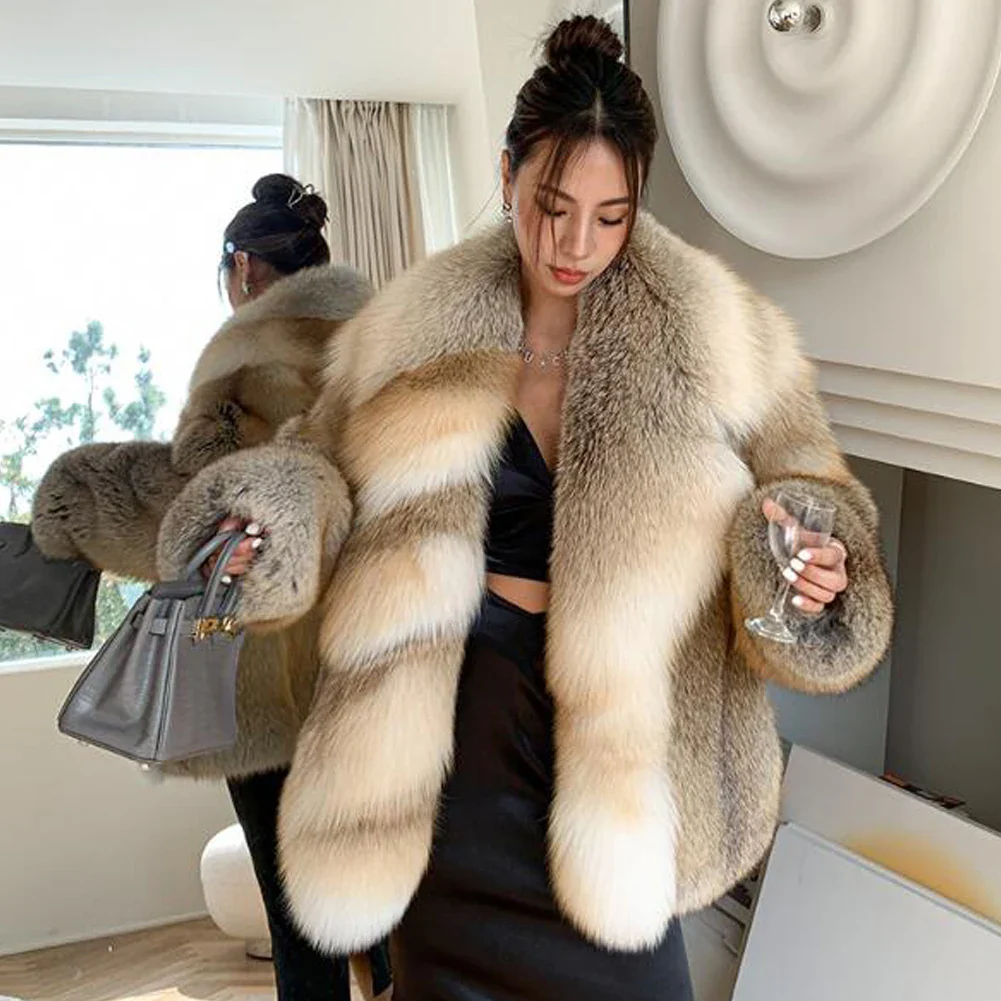 Denny&Dora Women's Fox Fur Coat Overcoat Full Pelt Thick Winter Coat Lapel Collar Woman Overcoats - Image 3