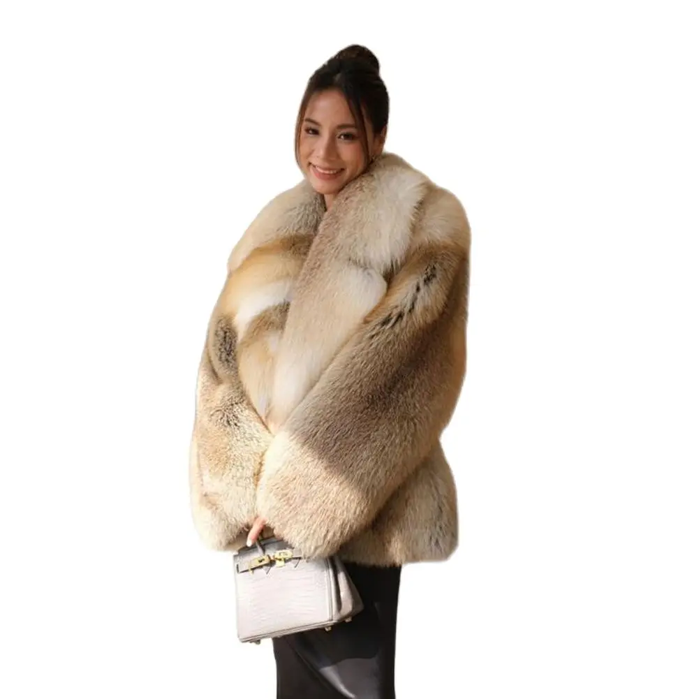 Denny&Dora Women's Fox Fur Coat Overcoat Full Pelt Thick Winter Coat Lapel Collar Woman Overcoats - Image 7