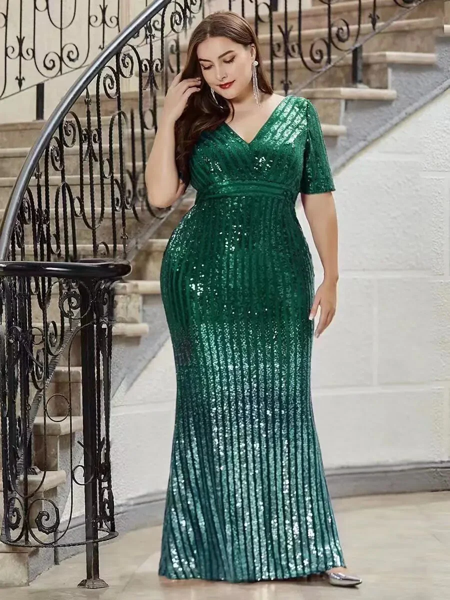 DEPDAR Plus Size Women Party Green Dresses Club Sequin V-neck Dress Female Fashion Elegant Bodycon Gowns 2023 Casual Outfit - Image 2