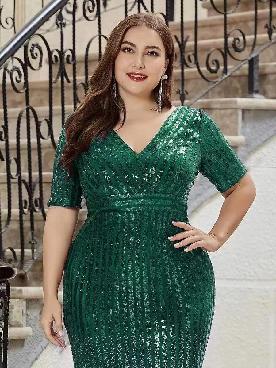 DEPDAR Plus Size Women Party Green Dresses Club Sequin V-neck Dress Female Fashion Elegant Bodycon Gowns 2023 Casual Outfit - Image 5