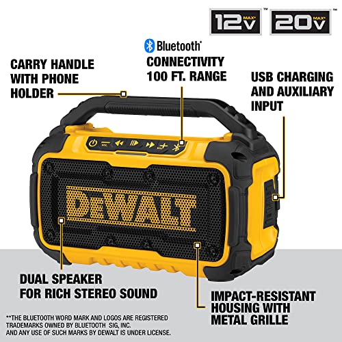 DEWALT 20V MAX Bluetooth Speaker, 100 ft Range, Durable for Jobsites, Phone Holder Included, Lasts 8-10 Hours with Single Charge (DCR010) - Image 11