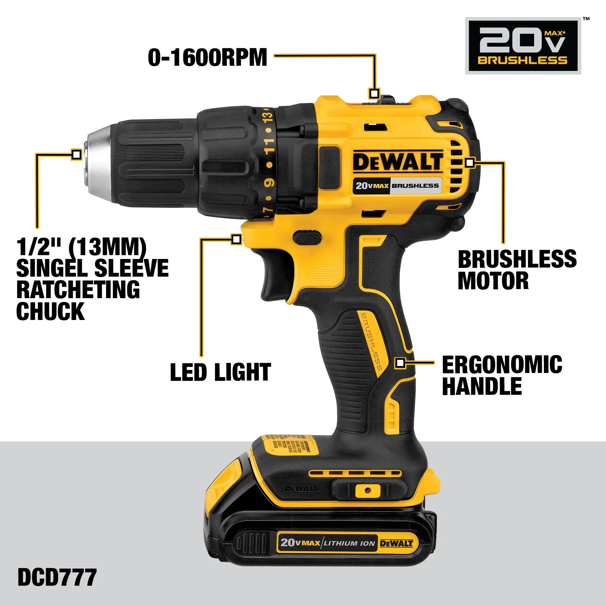 DEWALT 20V MAX Cordless Drill Driver, 1/2 Inch, 2 Speed, XR 2.0 Ah Battery and Charger Included (DCD777D1) - Image 7