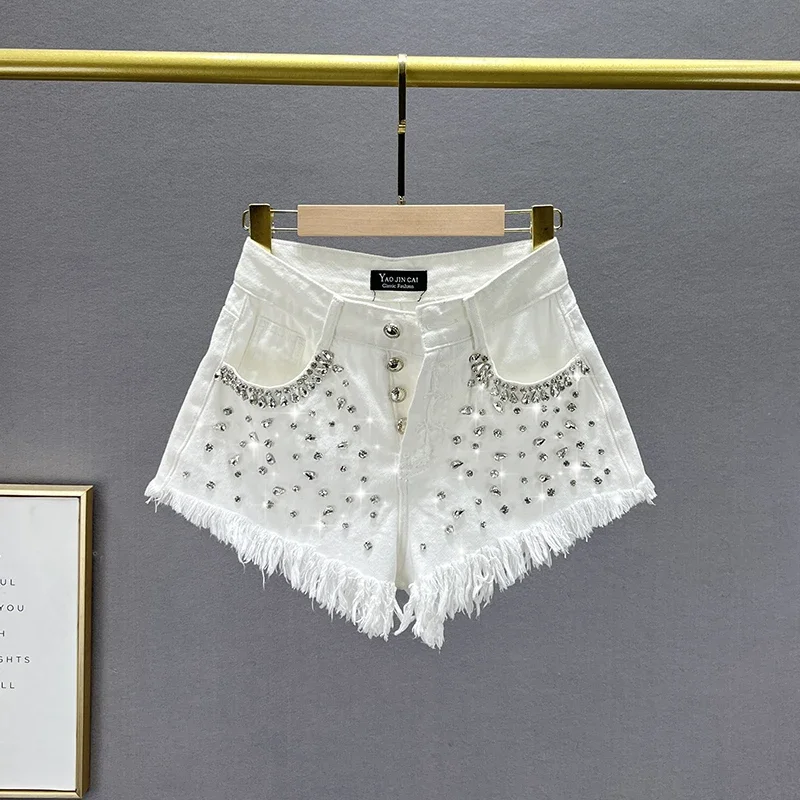 Diamond-Embedded Denim Shorts Women's Fashionable 2023 New Summer High Waist Loose Slimming Raw Hem Wide Legs Short Hot Pants - Image 2