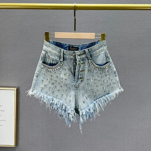 Diamond-Embedded Denim Shorts Women's Fashionable 2023 New Summer High Waist Loose Slimming Raw Hem Wide Legs Short Hot Pants - Image 9