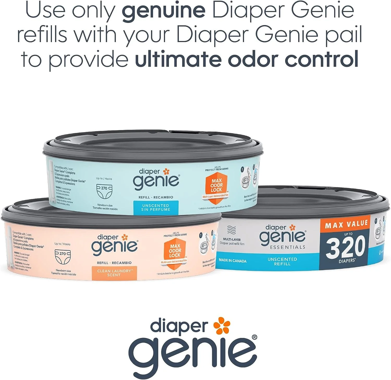 Diaper Genie Essentials Round Refill 4-Pack | Holds Up to 1280 Newborn Diapers | Features Unscented Continuous Film | Compatible with Diaper Genie Complete and Expressions Pails - Image 2