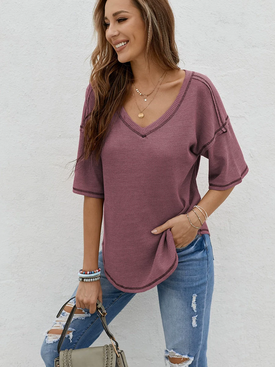 Dillamon Solid Color Casual Half-Sleeve European and American Style Top - Image 6