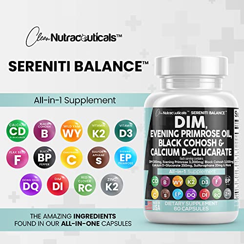 DIM 300mg Evening Primrose 3000mg Black Cohosh 3000mg Calcium D-Glucarate 250mg Sulforaphane Flax Seed Extract - Hormonal Balance Support Vitamins for Women with Dong Quai - Made in USA 60 Caps - Image 3