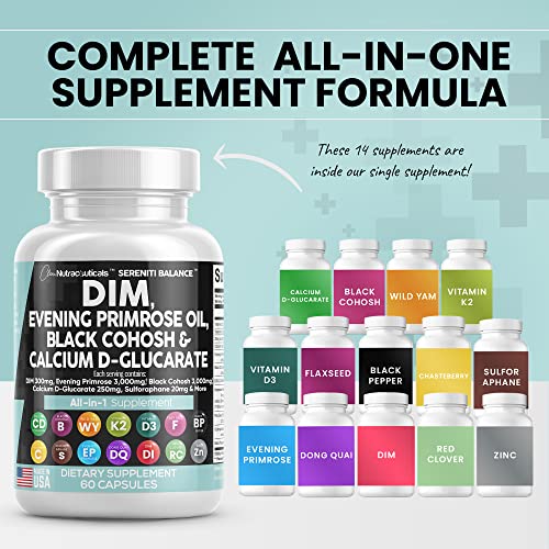 DIM 300mg Evening Primrose 3000mg Black Cohosh 3000mg Calcium D-Glucarate 250mg Sulforaphane Flax Seed Extract - Hormonal Balance Support Vitamins for Women with Dong Quai - Made in USA 60 Caps - Image 6