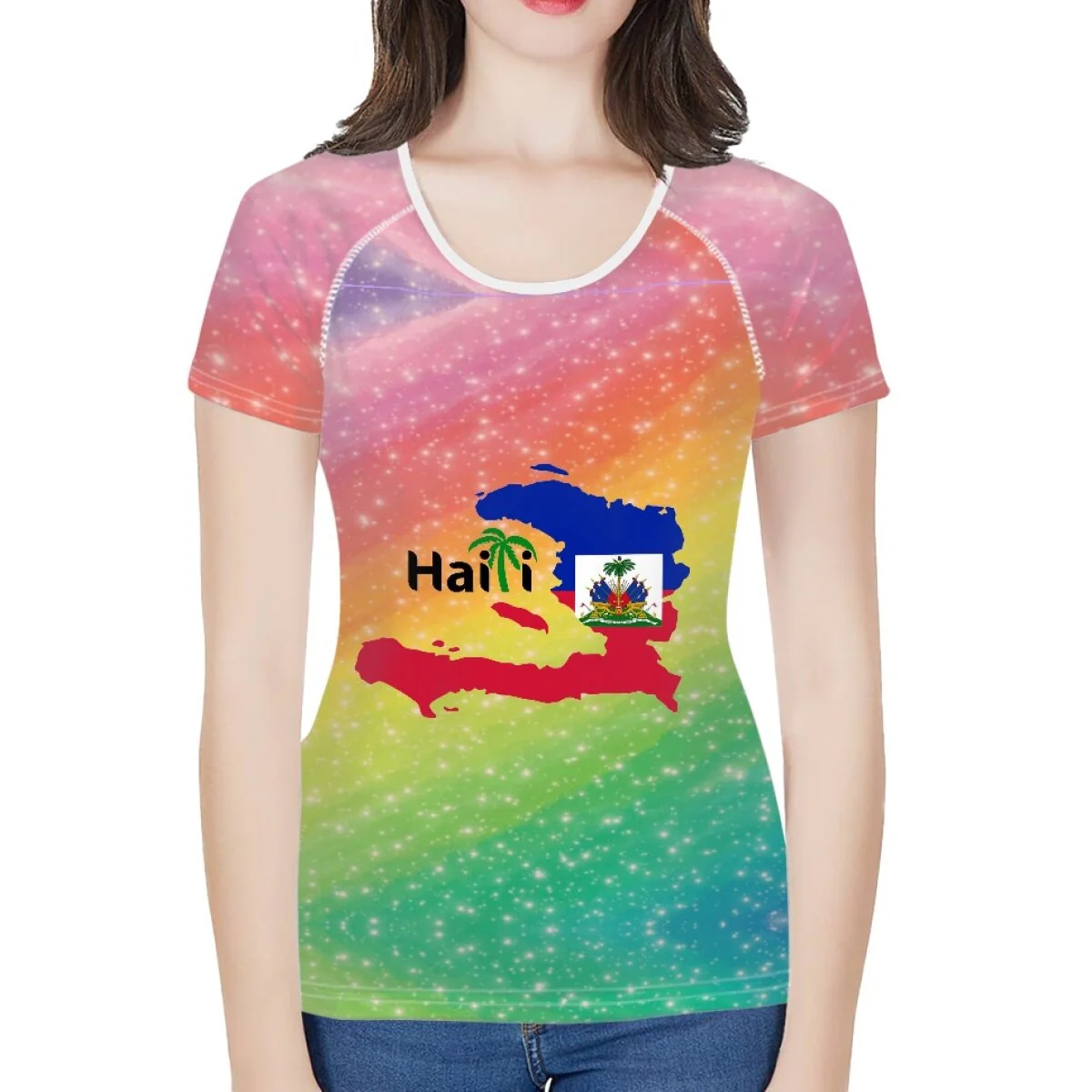 doginthehole Women Fashion Culture Tops Red and Blue Haiti Flag Print Running T-shirt Female Summer Casual Breathable Clothing - Image 10
