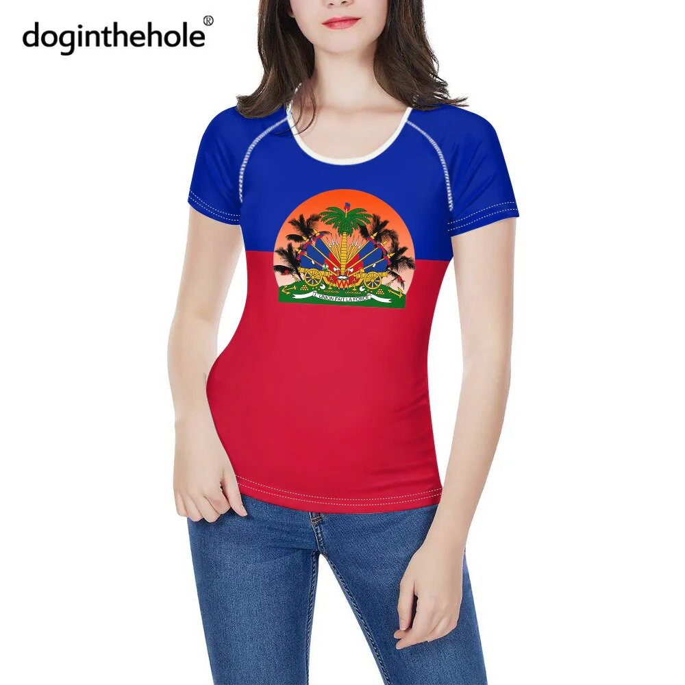 doginthehole Women Fashion Culture Tops Red and Blue Haiti Flag Print Running T-shirt Female Summer Casual Breathable Clothing - Image 12