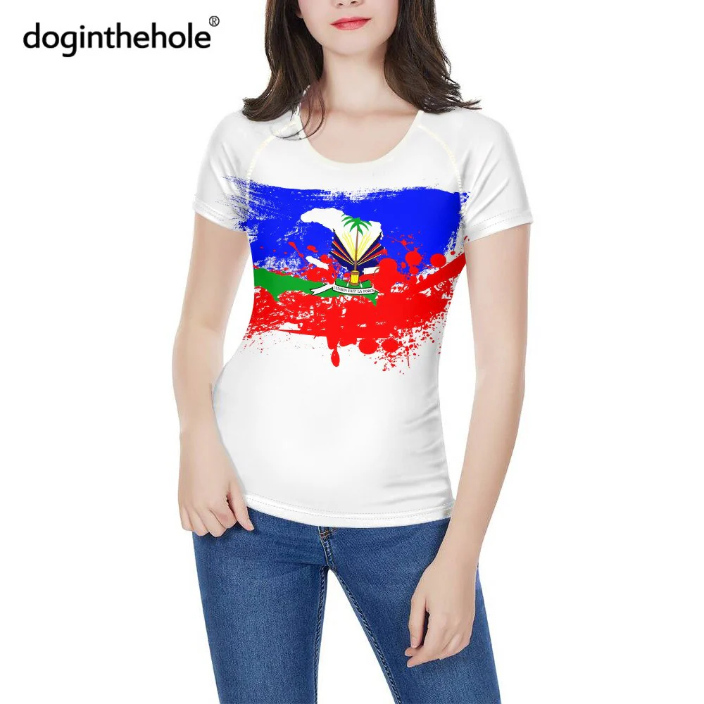doginthehole Women Fashion Culture Tops Red and Blue Haiti Flag Print Running T-shirt Female Summer Casual Breathable Clothing - Image 18
