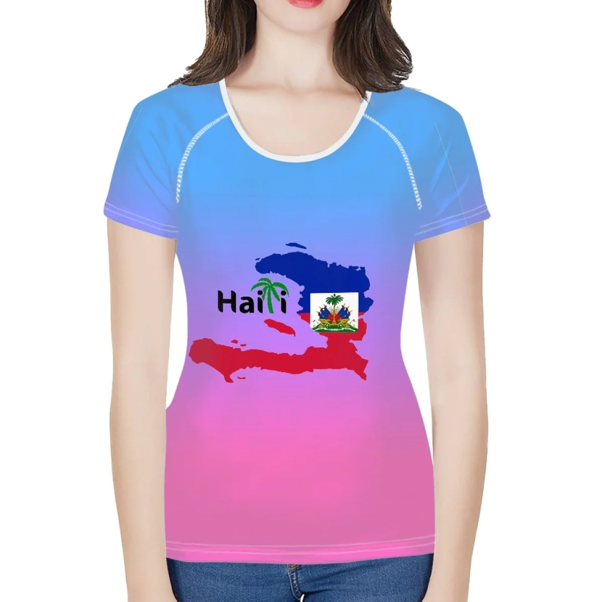 doginthehole Women Fashion Culture Tops Red and Blue Haiti Flag Print Running T-shirt Female Summer Casual Breathable Clothing - Image 19