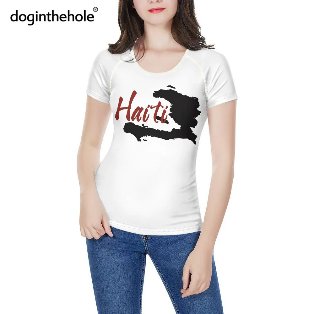 doginthehole Women Fashion Culture Tops Red and Blue Haiti Flag Print Running T-shirt Female Summer Casual Breathable Clothing - Image 24