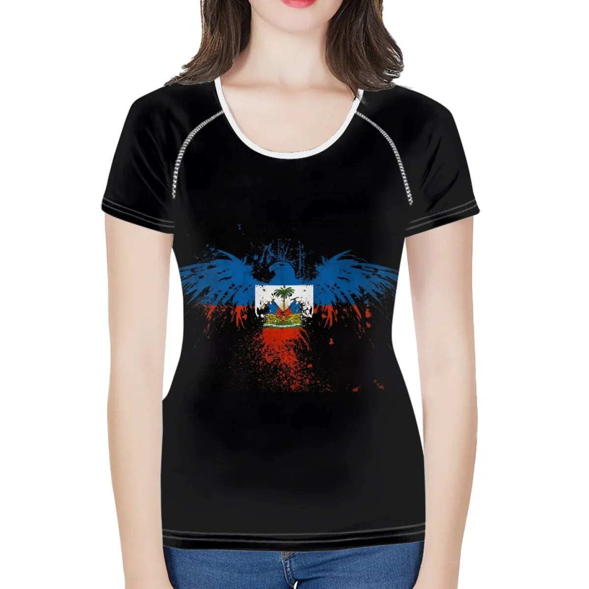 doginthehole Women Fashion Culture Tops Red and Blue Haiti Flag Print Running T-shirt Female Summer Casual Breathable Clothing - Image 3