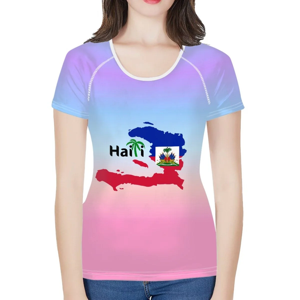 doginthehole Women Fashion Culture Tops Red and Blue Haiti Flag Print Running T-shirt Female Summer Casual Breathable Clothing - Image 4