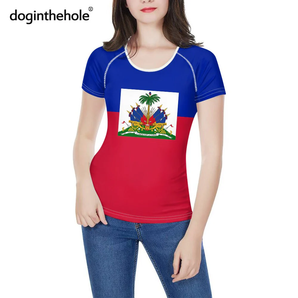 doginthehole Women Fashion Culture Tops Red and Blue Haiti Flag Print Running T-shirt Female Summer Casual Breathable Clothing - Image 5