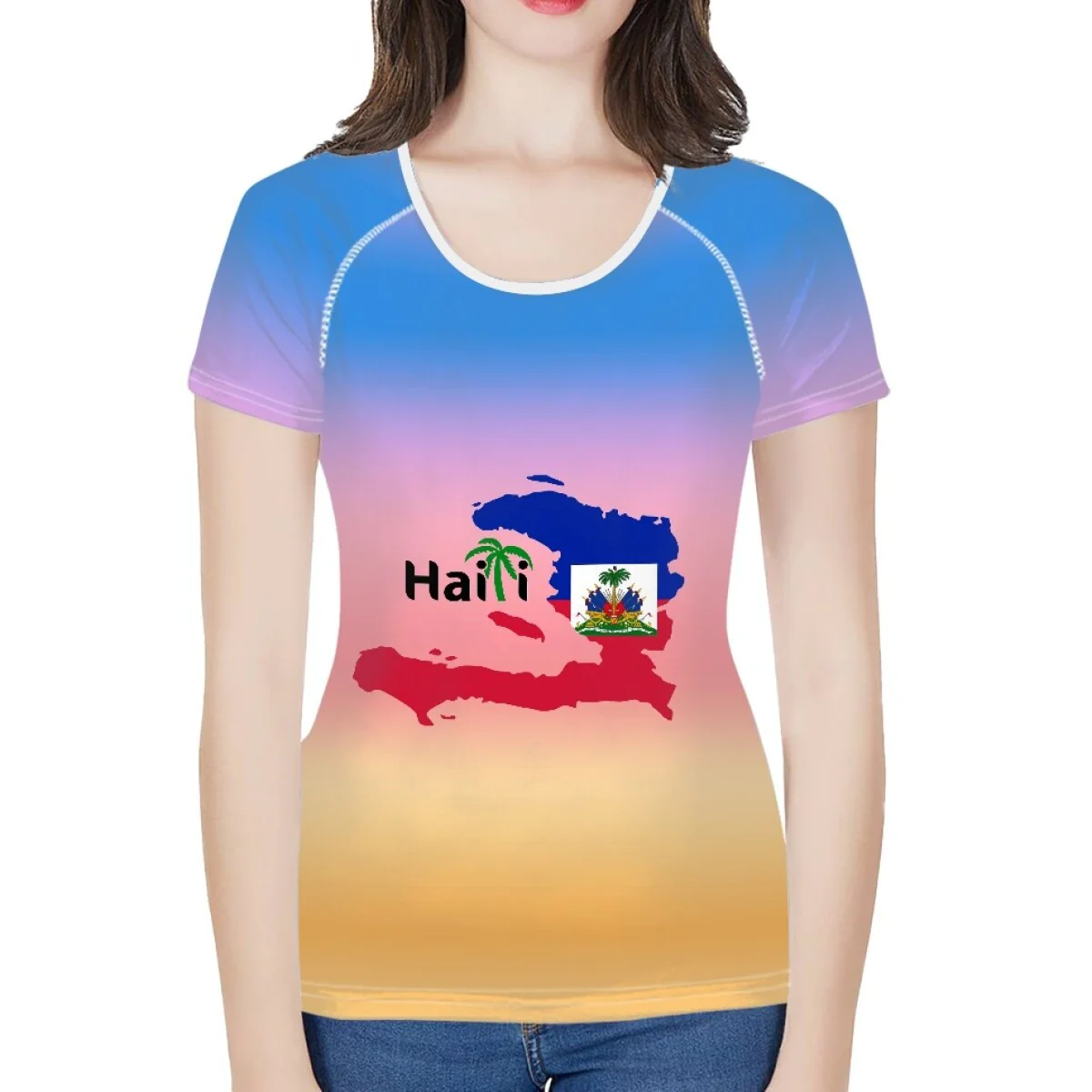 doginthehole Women Fashion Culture Tops Red and Blue Haiti Flag Print Running T-shirt Female Summer Casual Breathable Clothing - Image 6