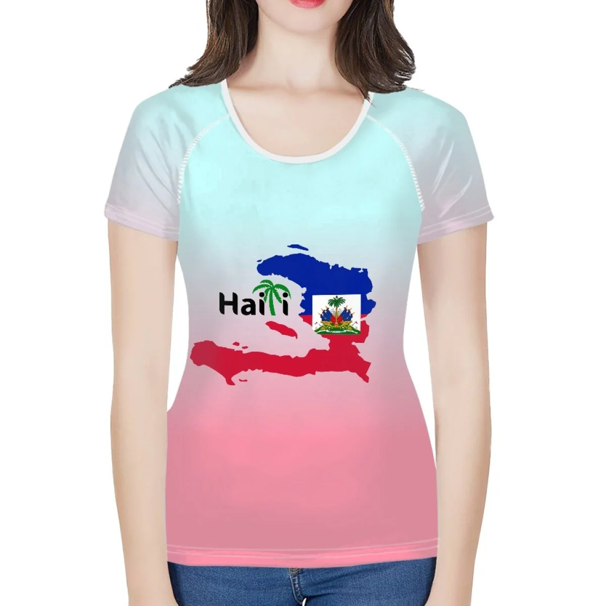 doginthehole Women Fashion Culture Tops Red and Blue Haiti Flag Print Running T-shirt Female Summer Casual Breathable Clothing - Image 7