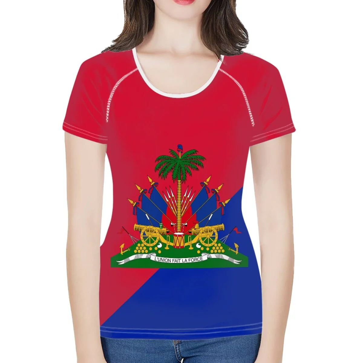 doginthehole Women Fashion Culture Tops Red and Blue Haiti Flag Print Running T-shirt Female Summer Casual Breathable Clothing - Image 9