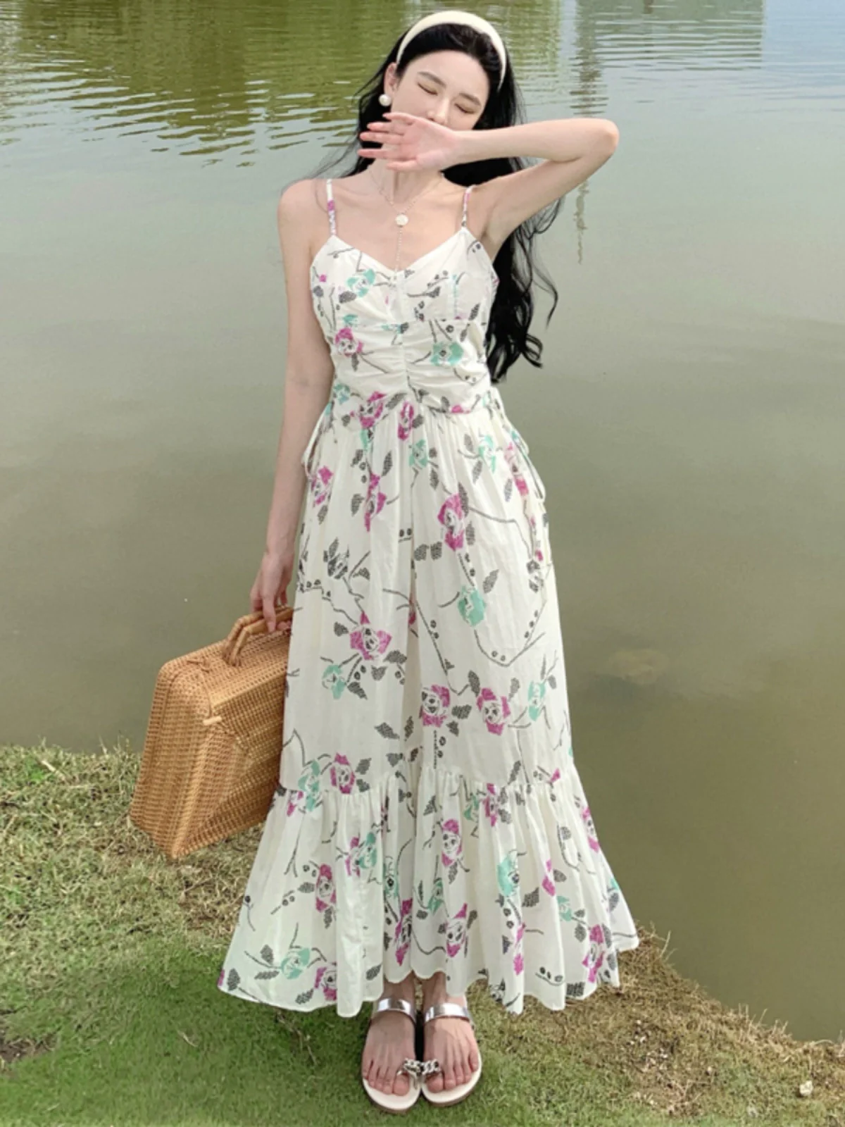Dopamine French Sweet Style Slip Floral Chiffon Dress Summer New Seaside Atmosphere Waist-Slimming Long Dress - Image 5
