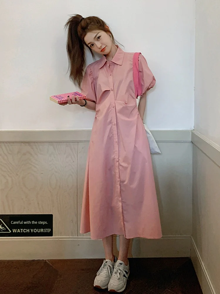 Dopamine Wear Pink Shirt Dress Women's Summer 2024 New Arrival Early Autumn Loose Slim Looking Elegant French Dress - Image 3