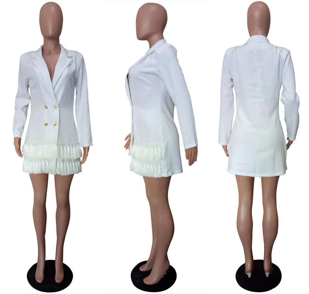 Double Breasted Tassel Design Long Sleeve Blazer Dress Notched Lapel Collar Office Lady Elegant Dress - Image 6