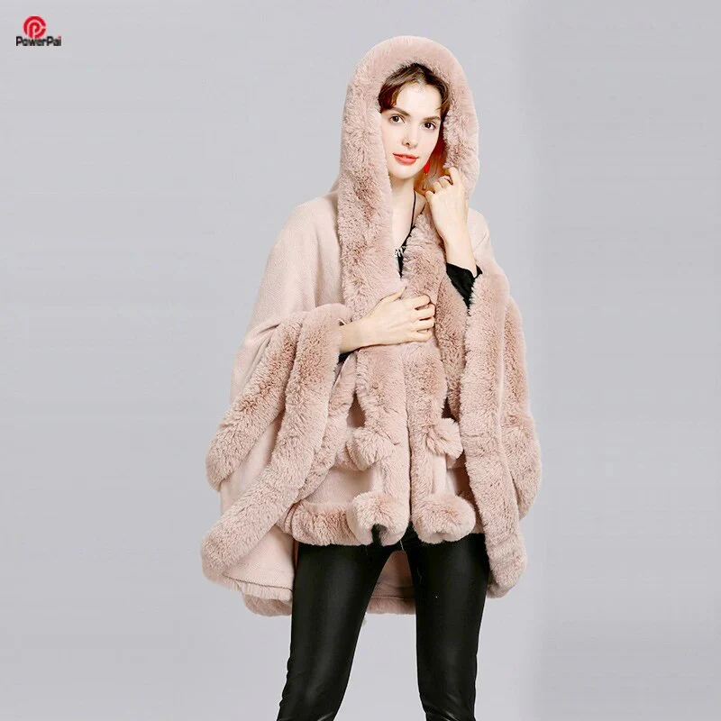 Double Layer Luxury Imitated Rex Rabbit Fur Cape Coat Hooded Shawl Winter Women Knit Poncho Overcoat Faux Fur Wraps Big - Image 3
