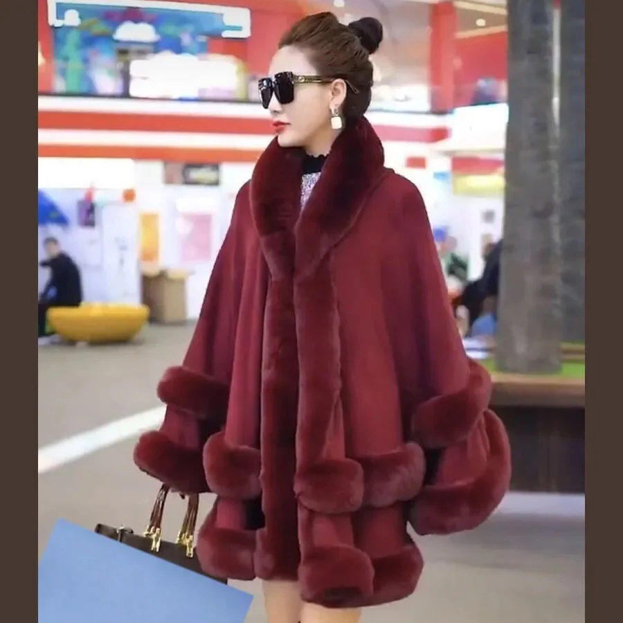 Double Layer Luxury Imitated Rex Rabbit Fur Cape Coat Hooded Shawl Winter Women Knit Poncho Overcoat Faux Fur Wraps Big - Image 4