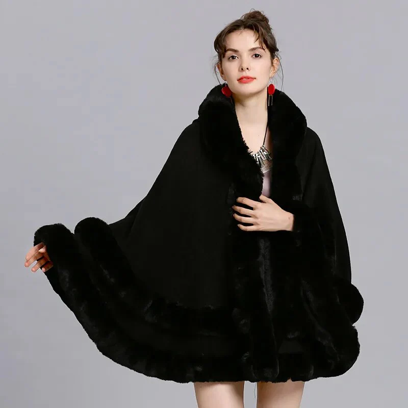 Double Layer Luxury Imitated Rex Rabbit Fur Cape Coat Hooded Shawl Winter Women Knit Poncho Overcoat Faux Fur Wraps Big - Image 5