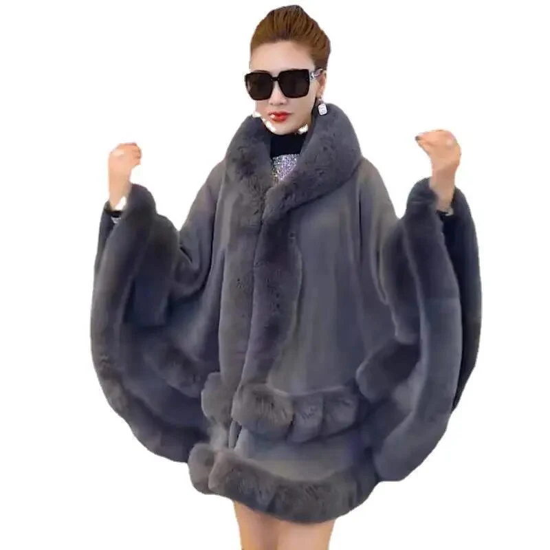Double Layer Luxury Imitated Rex Rabbit Fur Cape Coat Hooded Shawl Winter Women Knit Poncho Overcoat Faux Fur Wraps Big - Image 6