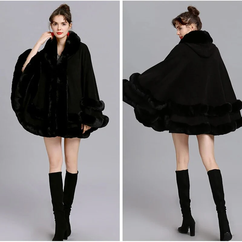 Double Layer Luxury Imitated Rex Rabbit Fur Cape Coat Hooded Shawl Winter Women Knit Poncho Overcoat Faux Fur Wraps Big - Image 8