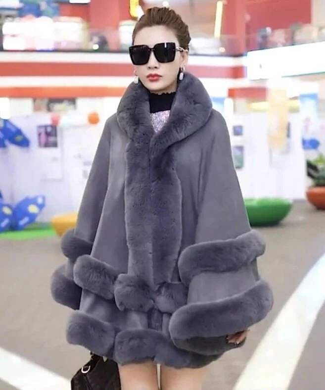 Double Layer Luxury Imitated Rex Rabbit Fur Cape Coat Hooded Shawl Winter Women Knit Poncho Overcoat Faux Fur Wraps Big - Image 9