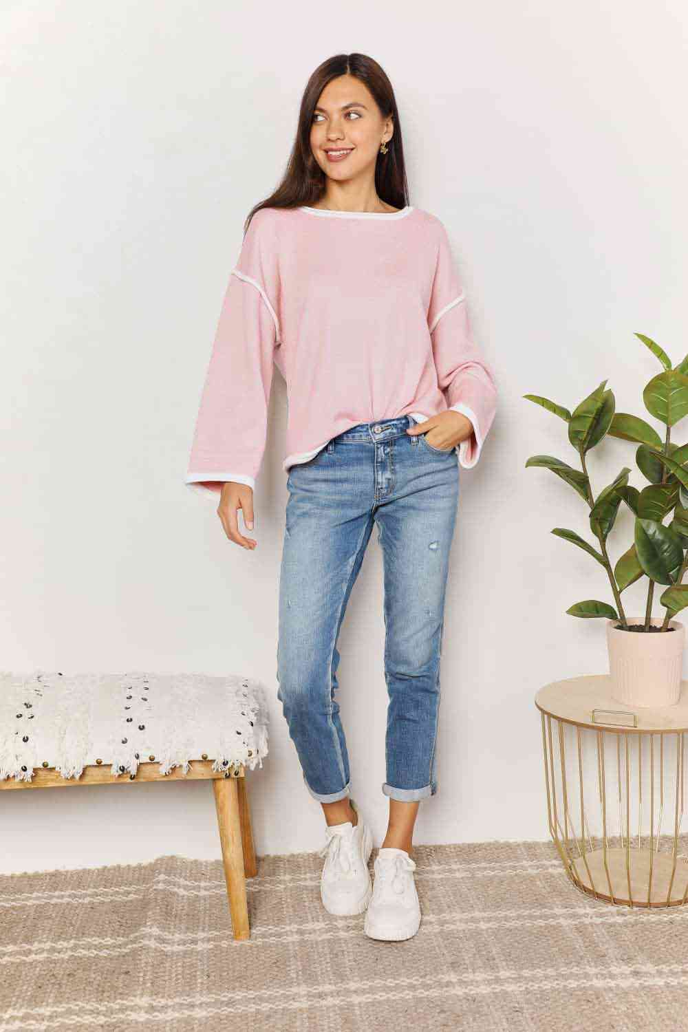 Double Take Contrast Detail Dropped Shoulder Knit Top - Image 11