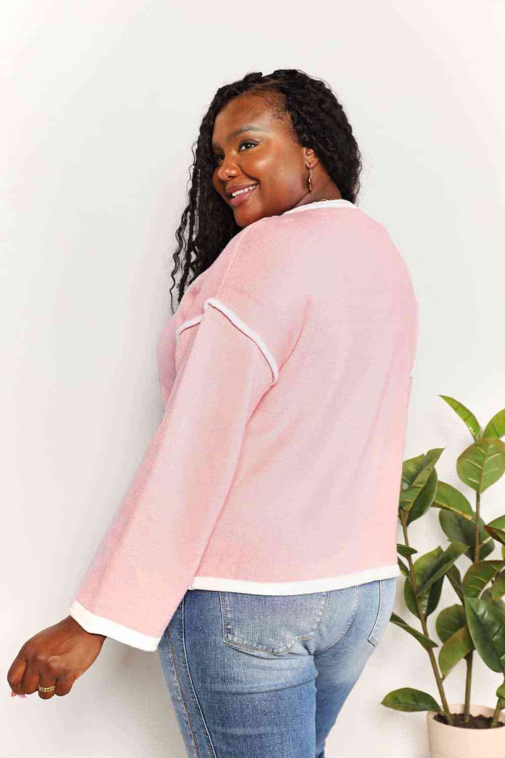 Double Take Contrast Detail Dropped Shoulder Knit Top - Image 2