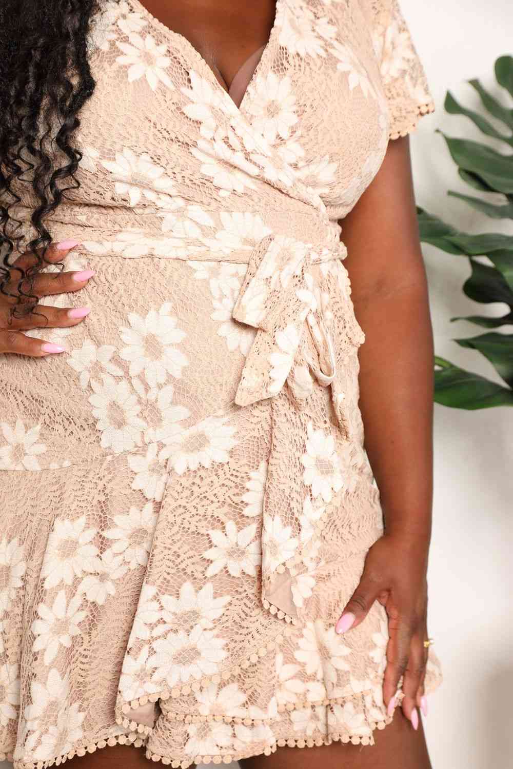 Double Take Floral Lace Pompom Detail Tie-Waist Flutter Sleeve Dress - Image 10
