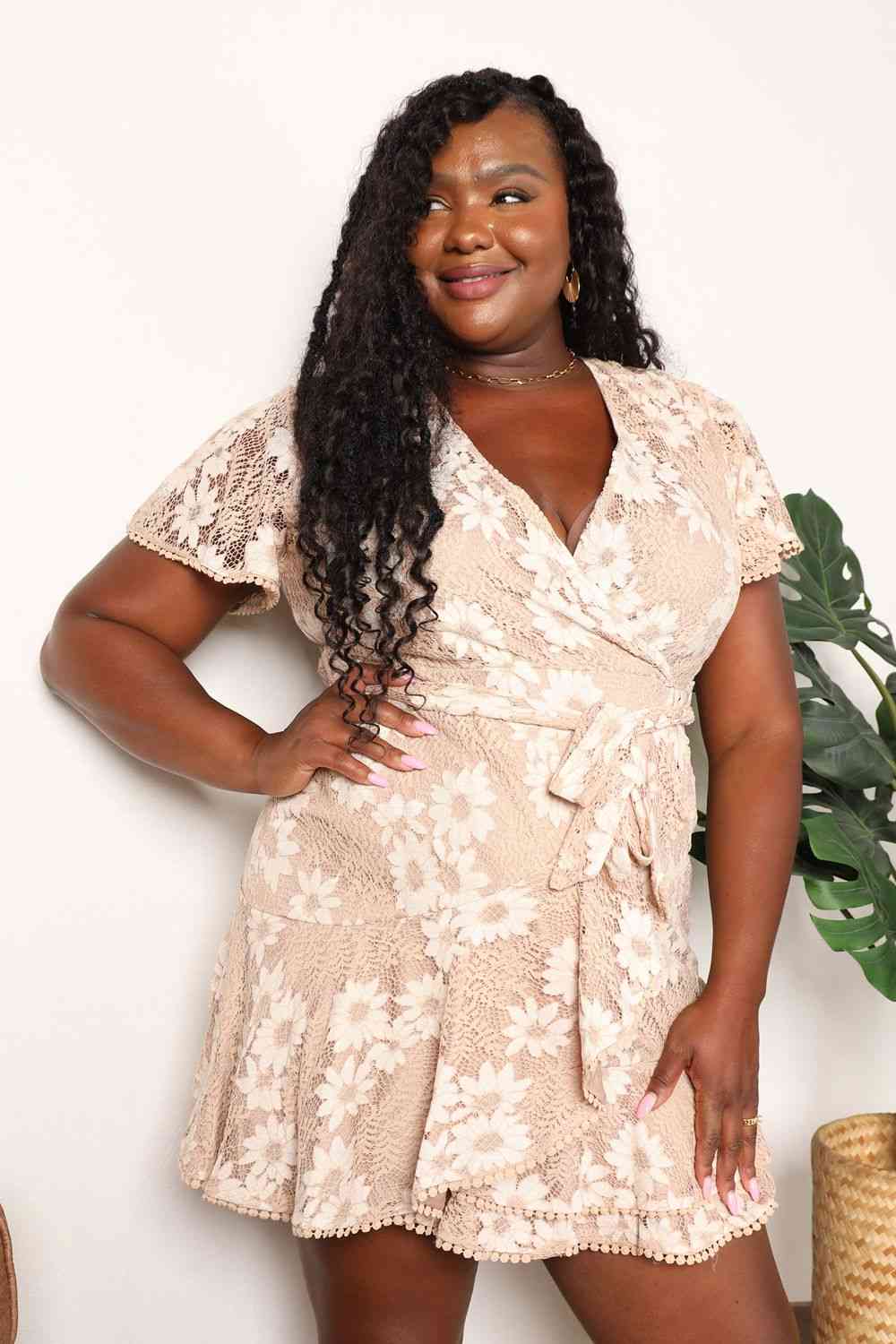Double Take Floral Lace Pompom Detail Tie-Waist Flutter Sleeve Dress - Image 6