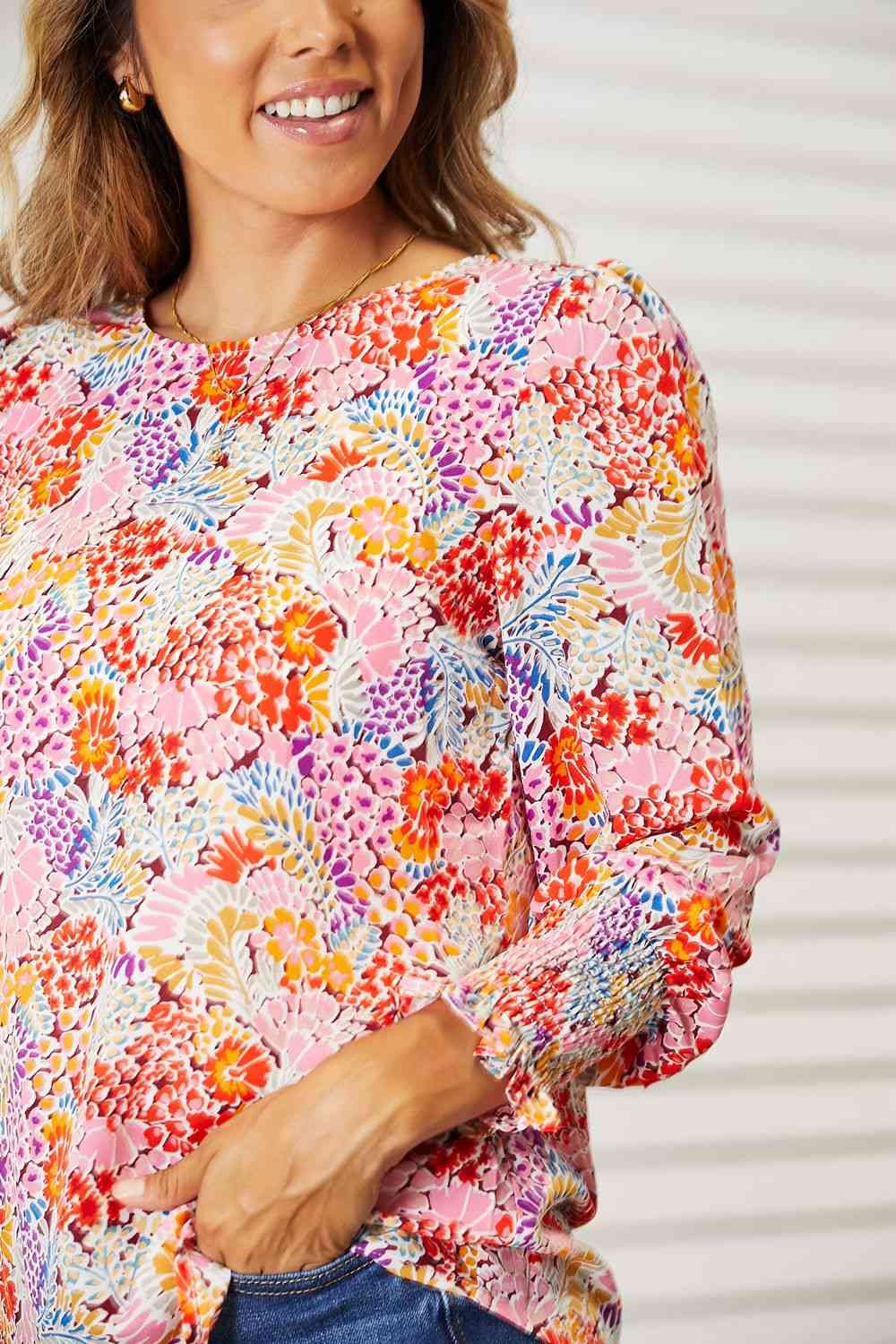 Double Take Floral Print Long Puff Sleeve Blouse - Image 4